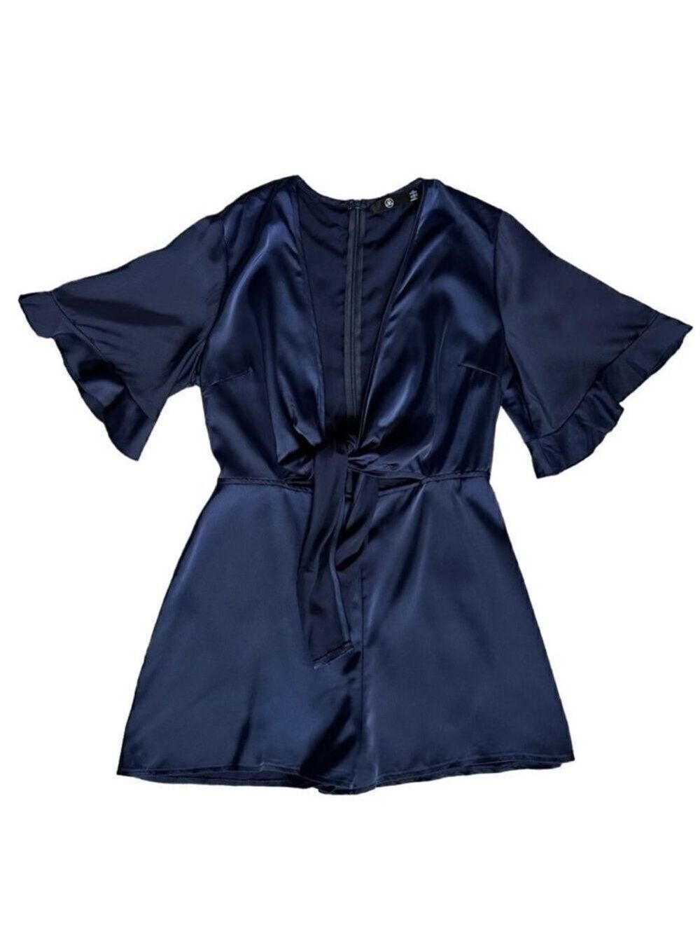 Missguided Tie Front Cutout Satin Navy Blue Shorts Romper Sz 8 - Picture 16 of 16